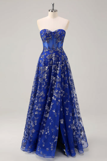 Royal Blue A Line senza spalline Appliques Corsetto Abito da ballo lungo con fessura